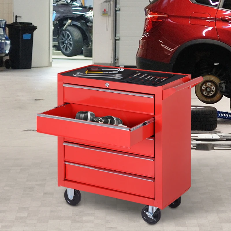 DURHAND Caja Taller Carro de Herramientas con Ruedas Cerradura tipo Mueble de Almacenamiento para Taller Garaje y Hogar Chapa de Acero 69x33x75 cm Rojo