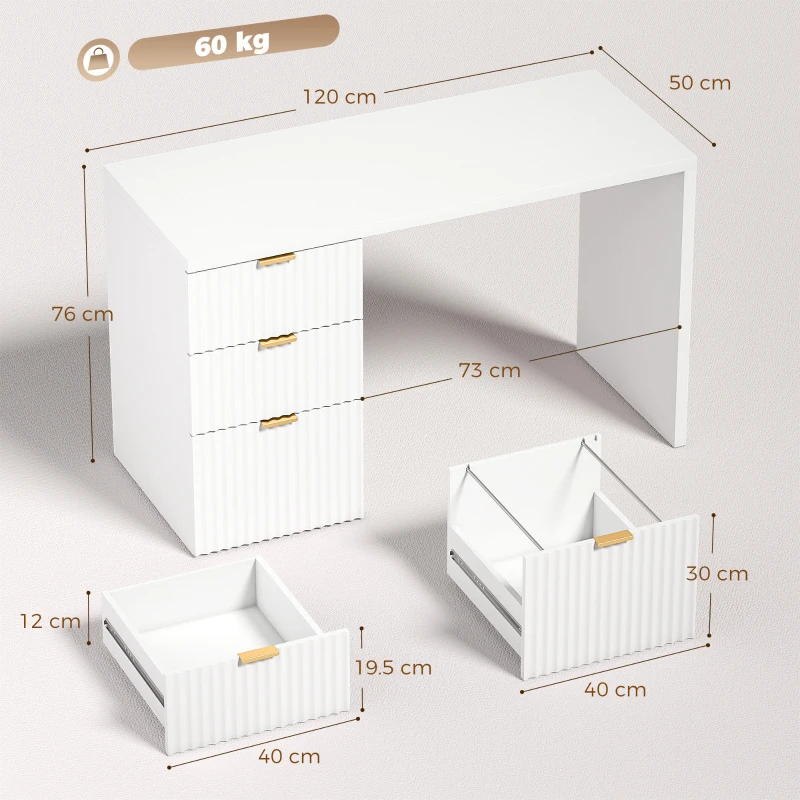 HOMCOM Computer Desk with 3 Drawers Reversible Home Office Desk 120 cm, White