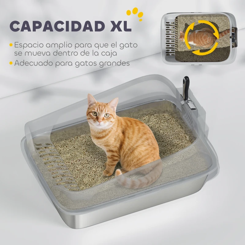 PawHut Arenero para Gatos de Acero Inoxidable XL con Borde Alto Pala Fácil de Limpiar Prueba de Fugas 60,2x40,2x29,7 cm Gris