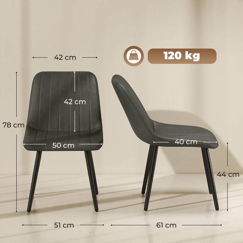 HOMCOM Faux Leather Upholstered Kitchen Chairs, Modern Dining Chairs Set of 2 with Metal Legs for Dining Room, Grey