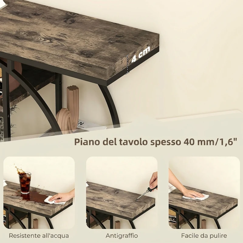 HOMCOM Tavolo Consolle Industriale con Ripiani e Telaio in Acciaio Circolare, 100x30x81.5 cm, Marrone Rustico