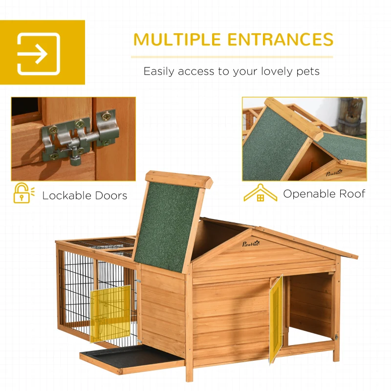 PawHut Wooden Rabbit Hutch with Slide-out Tray Guinea Pig Hutch with Openable Lockable Door, Golden Red