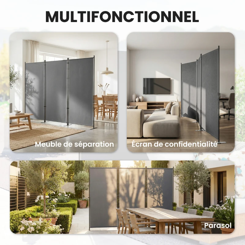 Outsunny Paravent de Jardin Brise-Vue Extérieur 3 Volets Occultant Pieds en Métal Stable 260x180cm Gris Foncé