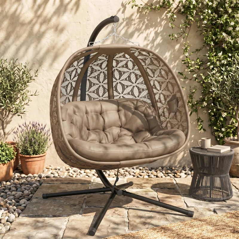 Outsunny Outdoor Double Hanging Chair, Swing Chair with Metal Stand, Thick Padded Cushion, Foldable Basket and Cup Holders, for Indoor and Outdoor, Sand Brown
