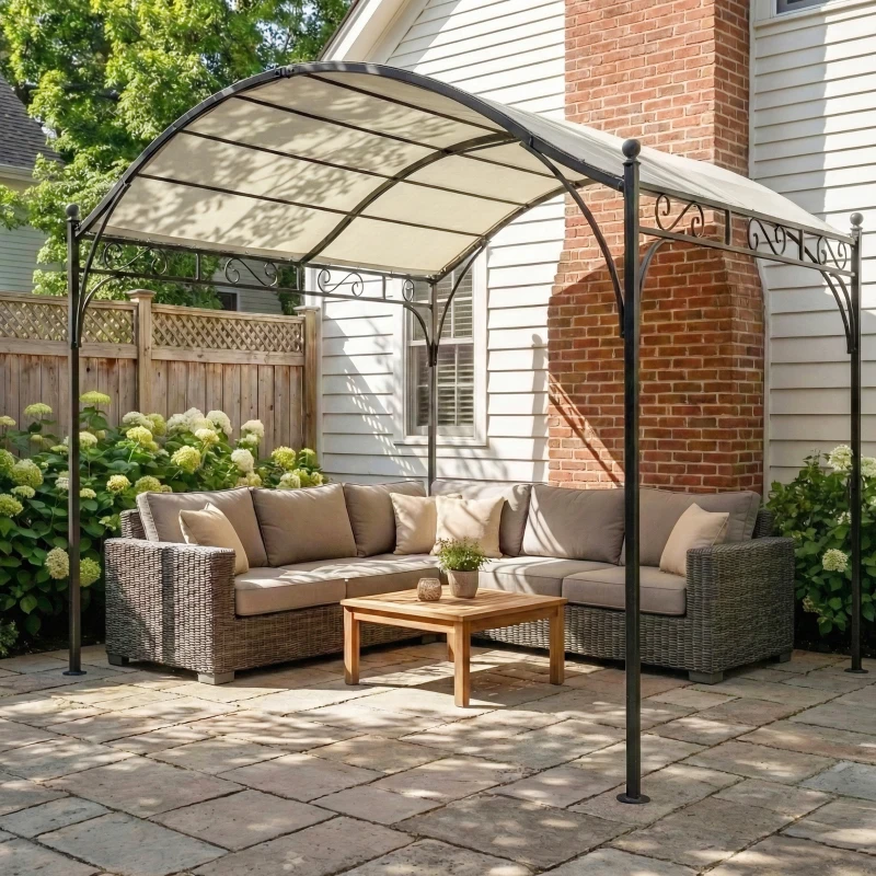 Outsunny Pergola Gazebo 3x3 m con Tetto ad Arco, in Metallo e Poliestere 180g/m², Bianco Crema