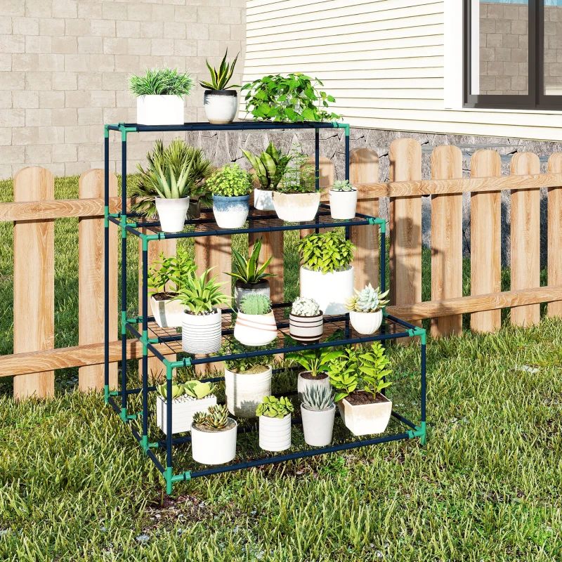 Outsunny Raft Suport Plante cu 4 Niveluri din Oțel, 94x84x110 cm, Verde Închis