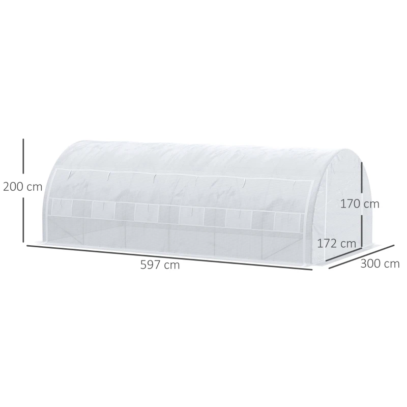 Outsunny 6 x 3 x 2 m Polytunnel Greenhouse - Walk-in Grow House Tent with Steel Frame, Reinforced Cover, Roll-up Side Walls, Zipped Door, and 12 Mesh Windows for Garden, White