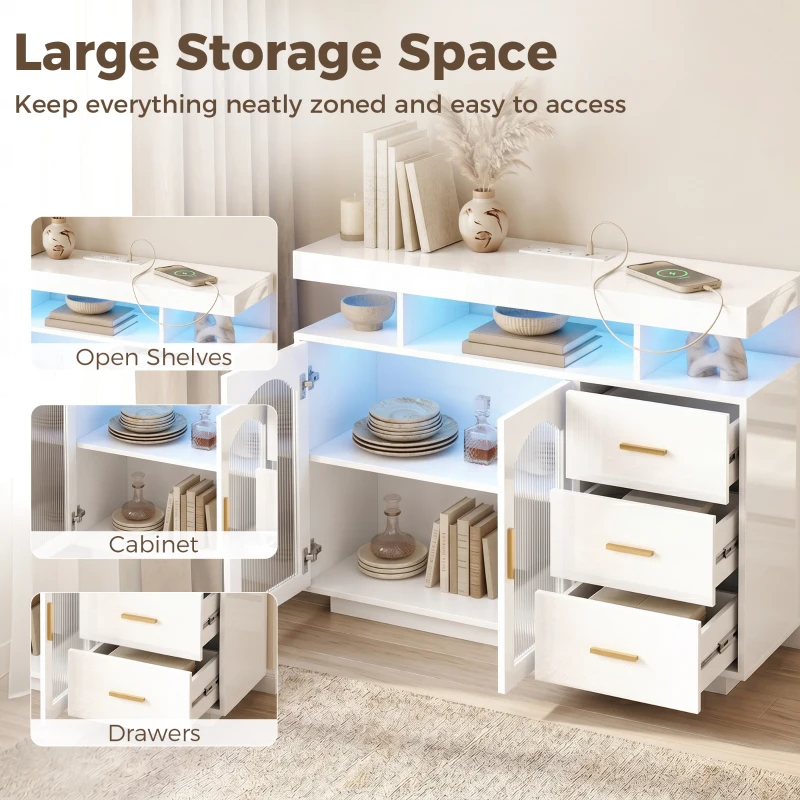HOMCOM High Gloss Sideboard with LED Lights, Built-in Power Outlets, 3 Drawers, Shelves and 2 Acrylic Doors, White