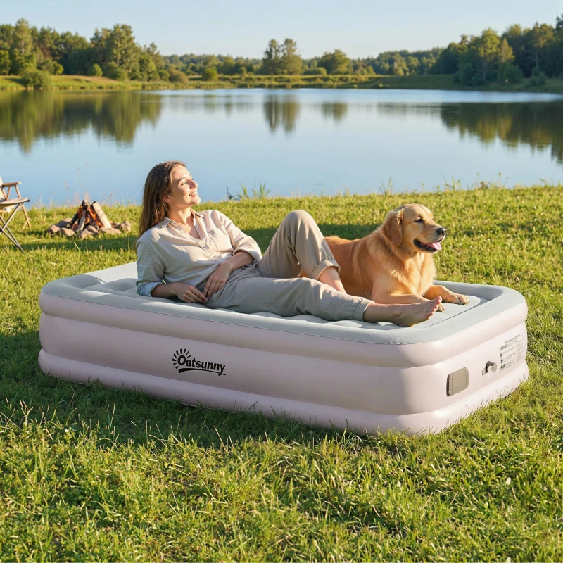 Outsunny Matelas Gonflable, Pompe Électrique Intégrée, Surface Floqué , Imperméable 5000 mm, Sac Transport, 190x97x39cm, Kaki