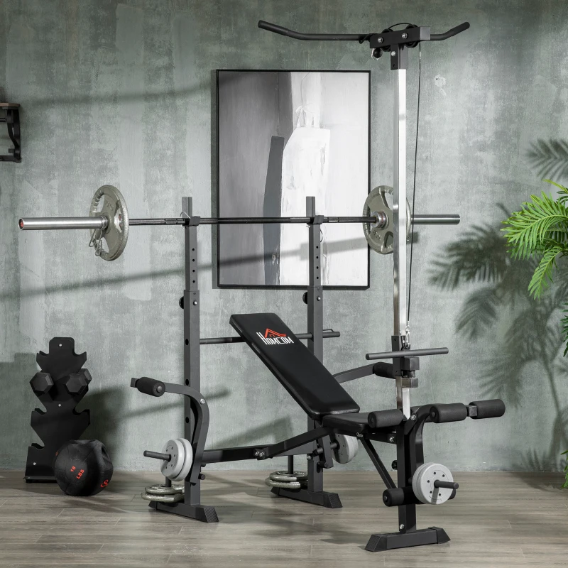 HOMCOM Banc de musculation complet multifonction avec dossier réglable, banc developper coucher à plat ou incliné 180x134x200cm