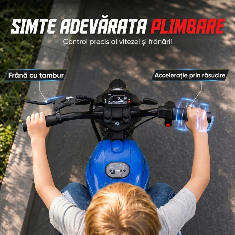 AIYAPLAY Motocicletă electrică pentru copii, stil Harley, 24 V, 6-12 ani, roți din cauciuc 30 cm, albastră
