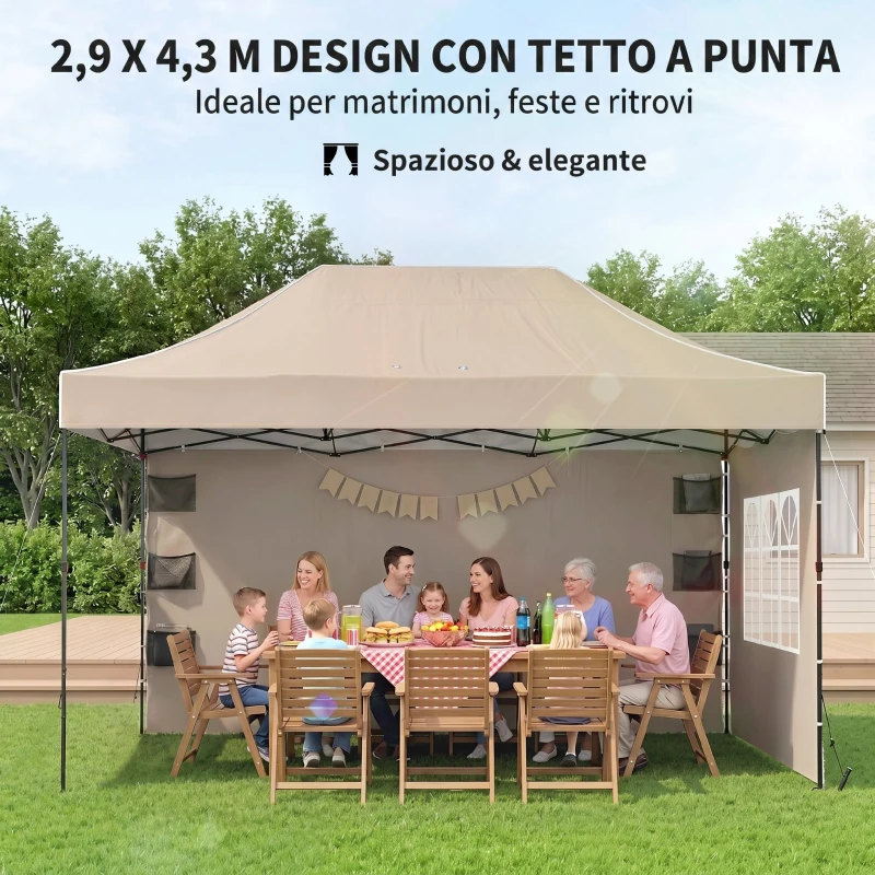Outsunny Gazebo Pop Up Pieghevole con Pareti Laterali e Finestre, 2.9x4.3 m, in Metallo e Tessuto Oxford, Marrone Sabbia