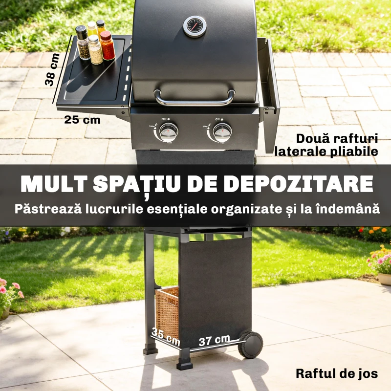 Outsunny Grătar pe Gaz cu 2 Arzătoare și Rafturi Pliabile, Negru