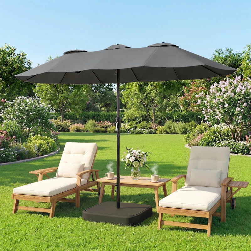 Outsunny Ombrellone Doppio a 12 Stecche con Manovella, Base a Croce e Sacchi, in Metallo e Poliestere, 3x1.5 m, Grigio Scuro