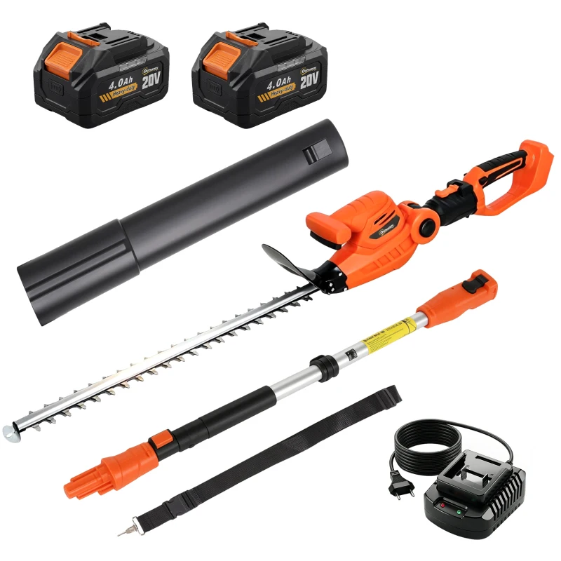 Outsunny Trimmer pentru Gard Viu pe Baterie 18V, Trimmer pentru Grădină cu 2 Baterii de 4Ah, Încărcător, Târnă Telescopică Reglabilă din Aluminiu, Lamă Cu Acțiune Dublă de 51cm pentru Ramuri, Portocaliu