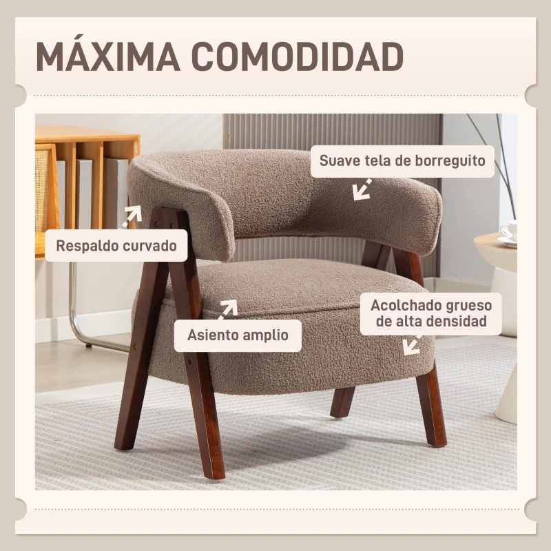 HOMCOM Butaca de Salón Tapizada en Borreguito Acolchada Gruesa Patas de Madera Respaldo Curvado 70x64x71 cm Marrón Claro