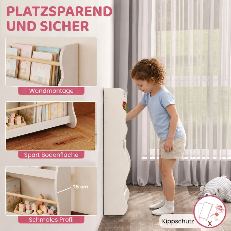 AIYAPLAY Kinderboekenkast voor aan de muur, kinderrek met 3 niveaus, wandrek met kantelbeveiliging, 60 x 15 x 73 cm, wit