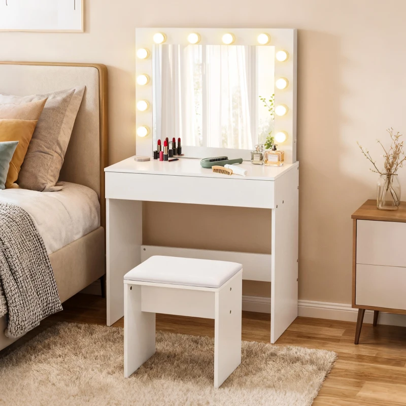 HOMCOM Postazione Trucco, Toeletta Trucco con Specchio, 12 Luci LED, Sgabello Imbottito e Ampio Cassetto in Legno, 80x40x140 cm, Bianco