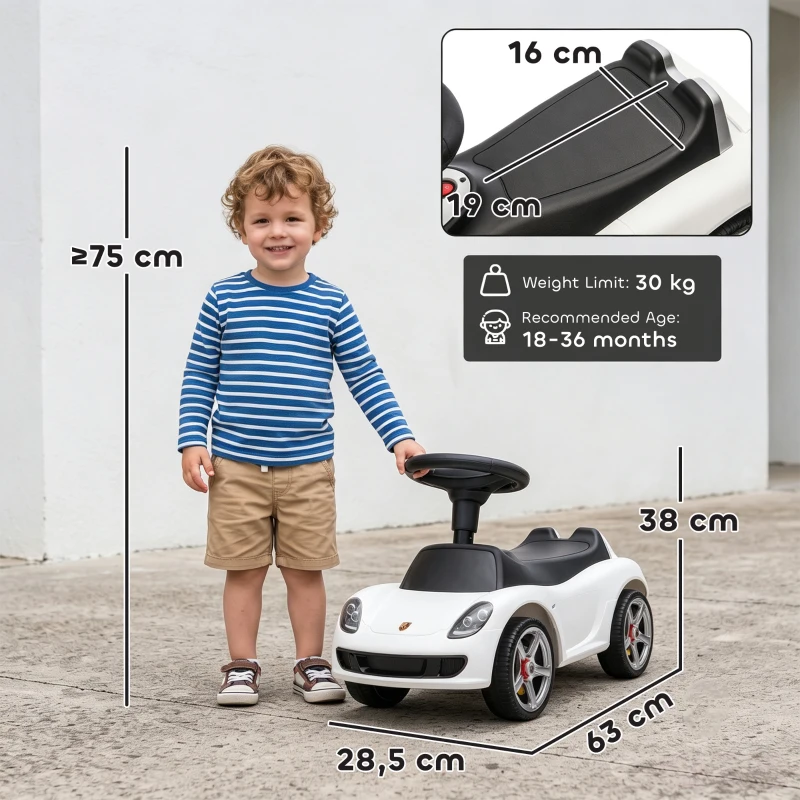 AIYAPLAY Auto Cavalcabile a Spinta per Bambini 18-36 Mesi, con Clacson, Fari, Suoni, Volante e Seduta, Bianco