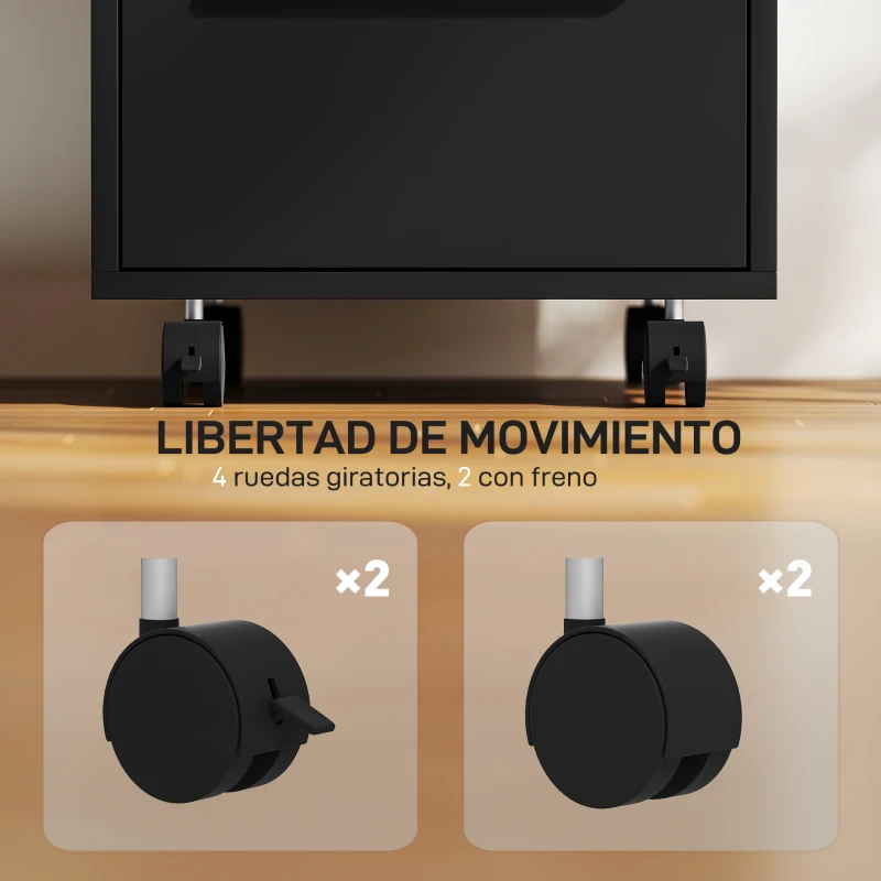 HOMCOM Cajonera de Escritorio con 3 Cajones Ruedas Cerradura y 2 Llaves para Estudio Salón 40x40x63,5 cm Negro