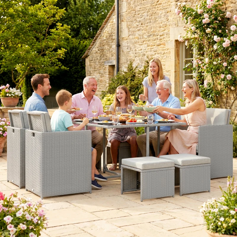 Outsunny 9 Piece Rattan Cube Garden Furniture Dining Set with Armchairs, Footstools and Glass-Top Table, Light Grey