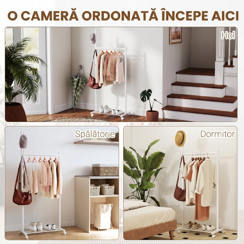 HOMCOM Stand Cuier de Podea cu Roți, 5 Cârlige și Raft Inferior pentru Încălțăminte, Alb