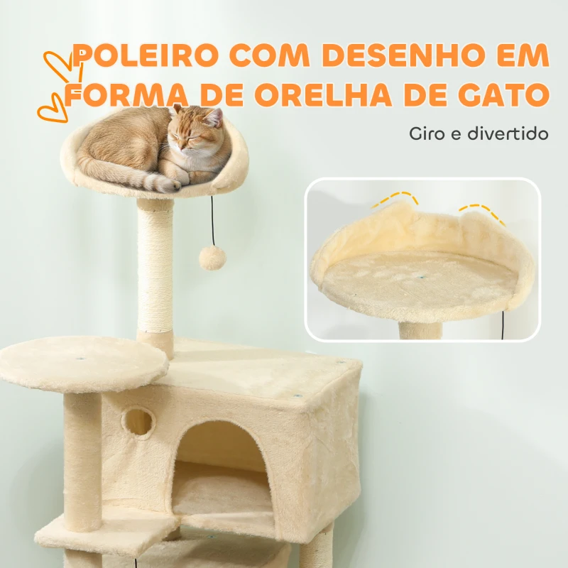 PawHut Arranhador para Gatos com Múltiplas Plataformas Cama 2 Cavernas Rede Escada Postes de Sisal 48x48x140 cm Bege