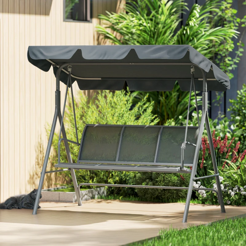 Outsunny Metal Garden Swing Chair, 3-Seater Swing Seat, Patio Hammock Bench Canopy Lounger, Dark Grey