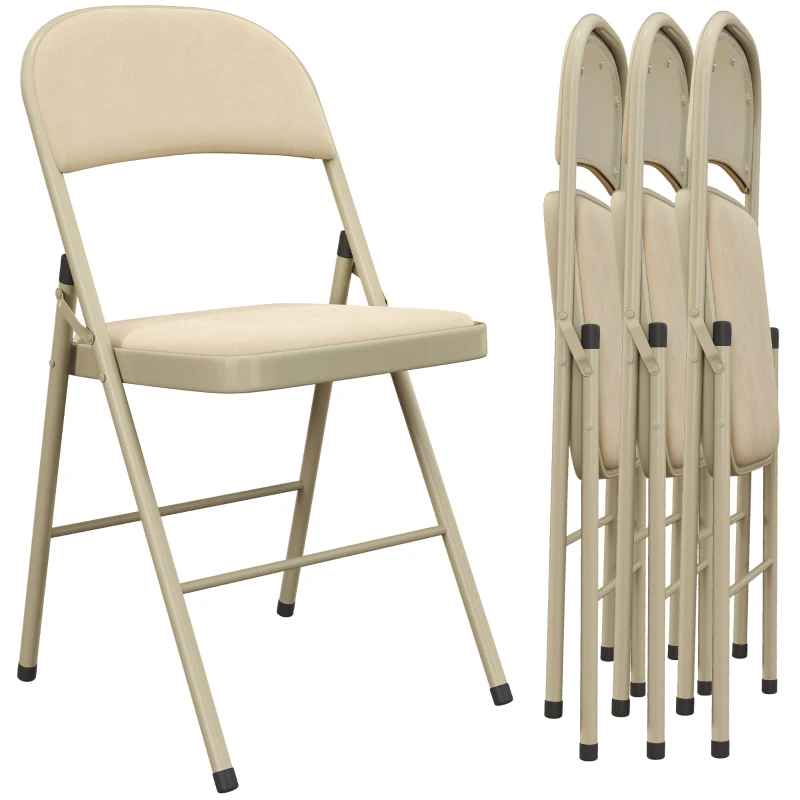 HOMCOM Lot de 4 chaises pliantes et portables intérieur avec assises et dossiers rembourrés en velours, cadre en acier, beige