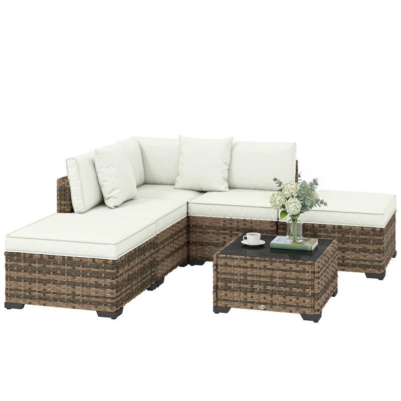 Outsunny Salon de jardin extérieur d'angle 5 places en résine tressée, canapés, repose-pieds, table basse et coussins, crème