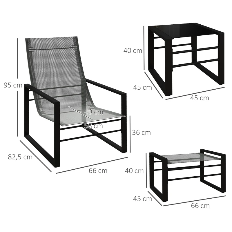 Outsunny Salon de jardin 5 pièces 2 places avec 2 fauteuils, 2 repose-pied et 1 table, métal noir, assise tissu mesh gris