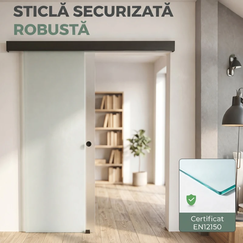 HOMCOM Ușă Glisantă de Interior din Sticlă Temperată Sablată cu Șină Silențioasă, Ghidaj, Kit Feronerie, Transparentă