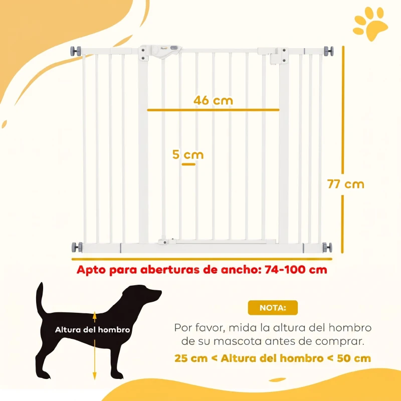 PawHut Barrera de Seguridad para Perros 74-100 cm con Extensiones Montaje a Presión y Doble Bloqueo Blanco
