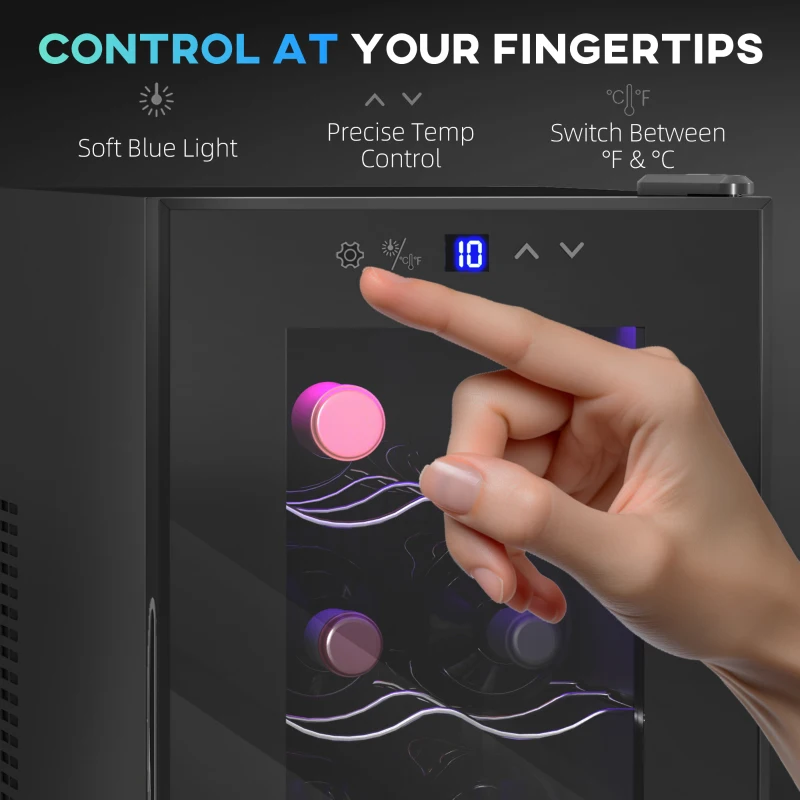 HOMCOM Mini Table Top Wine Fridge, 8 Bottle, 17L, 8-18℃, 26.5cm Quiet Under Counter Wine Cooler Fridge with Glass Door, LED Light, Digital Touch Screen, Temperature Control