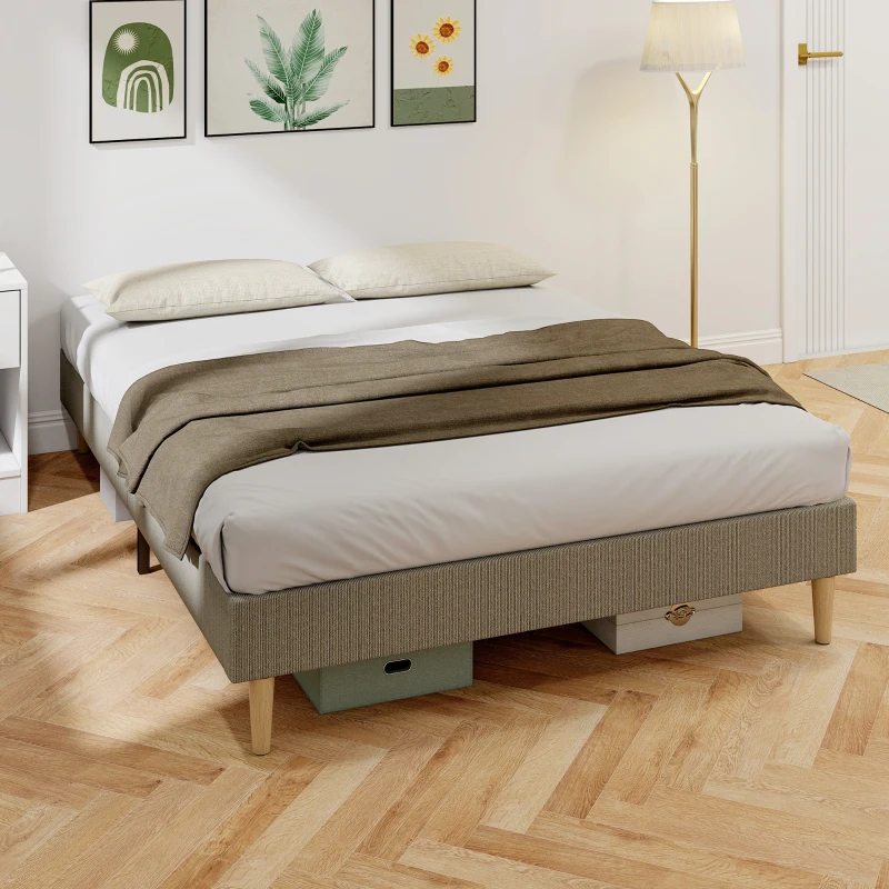 HOMCOM Cadre de lit 140 x 190 cm avec sommier à lattes en bois, lit double rembourré en velours côtelé, gris