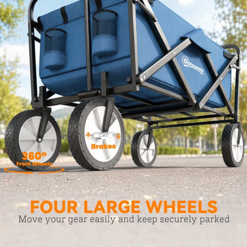 Outsunny 135L Festival Trolley on Wheels, Folding Wagon Camping Trolley Cart with Adjustable Handle, Dual Brakes, Portable Wagon Cart for Outdoor, Garden, Shopping, Fishing, Navy Blue