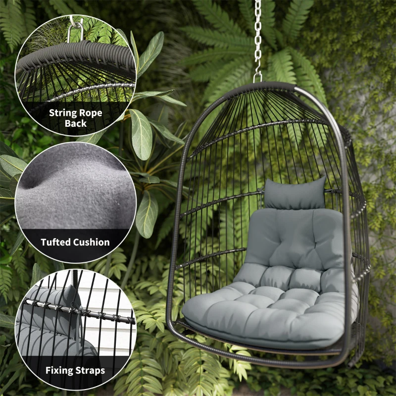 Outsunny Hanging Egg Chair, Foldable Rattan Garden Swing Chair with Installation Kit, Thickened Cushion and Headrest, Indoor Outdoor Hanging Egg Basket Seat for Patio, Porch, Dark Grey