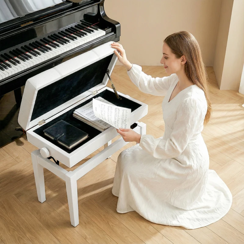 HOMCOM Banquette tabouret siège pour piano coffre intégré hauteur réglable bois hévéa assise revêtement synthétique blanc