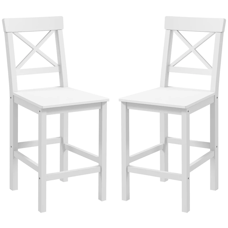 HOMCOM Juego de 2 Taburetes Altos de Cocina Taburetes de Bar de Madera con Reposapiés y Respaldo Cruzado Carga 120 kg Blanco