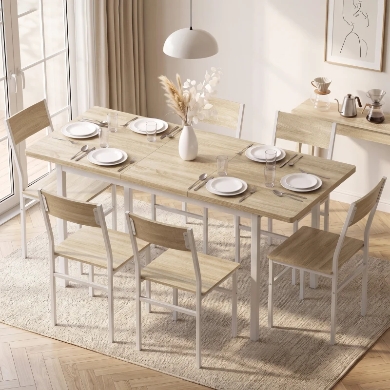 HOMCOM Conjunto Mesa de Comedor Extensible 120-160 cm y 6 Sillas Apilables para 4-6 Personas Efecto Roble