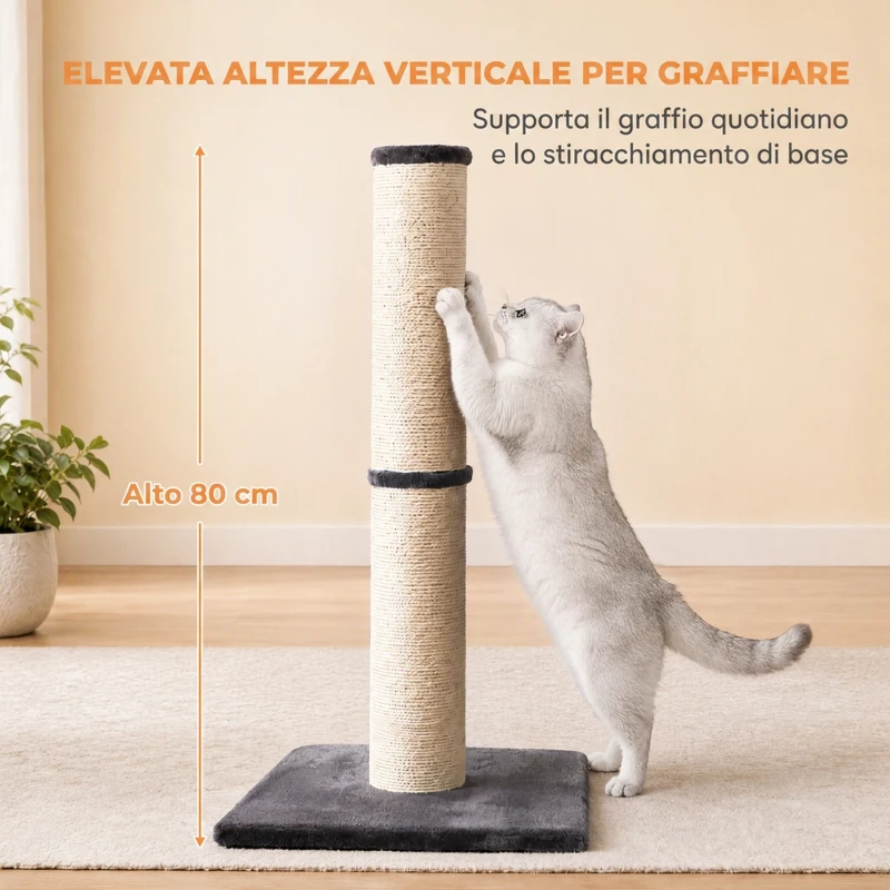 PawHut Tiragraffi per Gatti Alto 80 cm con Corda in Sisal e Base in Truciolato e Peluche, Grigio Scuro