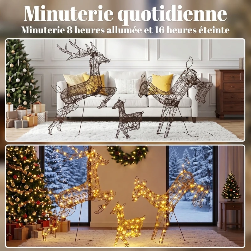 Outsunny Lot de 3 Rennes Lumineux Noël Extérieur 120 cm, Cerf Lumineux Noël avec 200 LED Blanc Chaud, 8 Modes et Minuterie