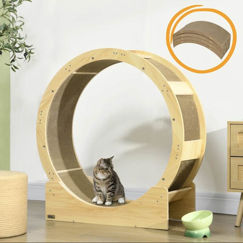 Roue d'exercice pour chat exerciseur de roue de chat lot 4 planches à gratter remplaçable 91 x 33,5 x 94 cm marron chêne