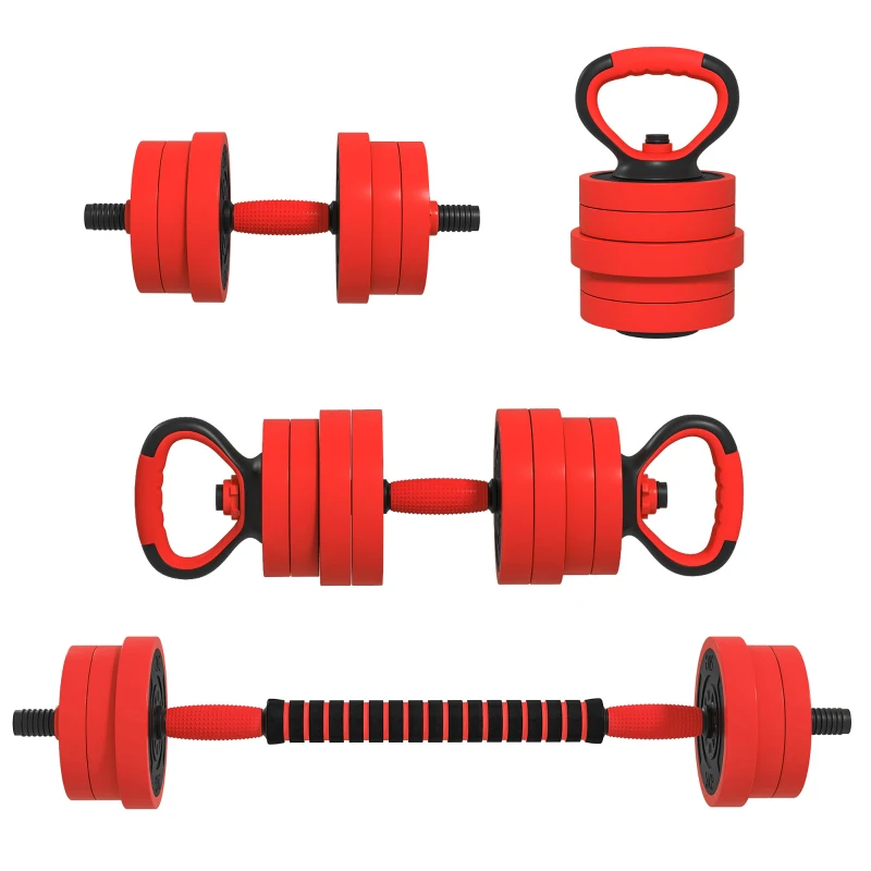 SPORTNOW Set Greutăți pentru Sală 4 în 1 de 30 kg, Convertibil în Kettlebell, 2 Gantere, Halteră și Suport pentru Flotări, Roșu