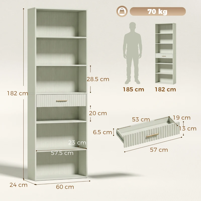 HOMCOM Bookcase Narrow Tall Space-Saving Bookshelf Drawer Open Shelves 60 x 24 x 182 cm Light Green