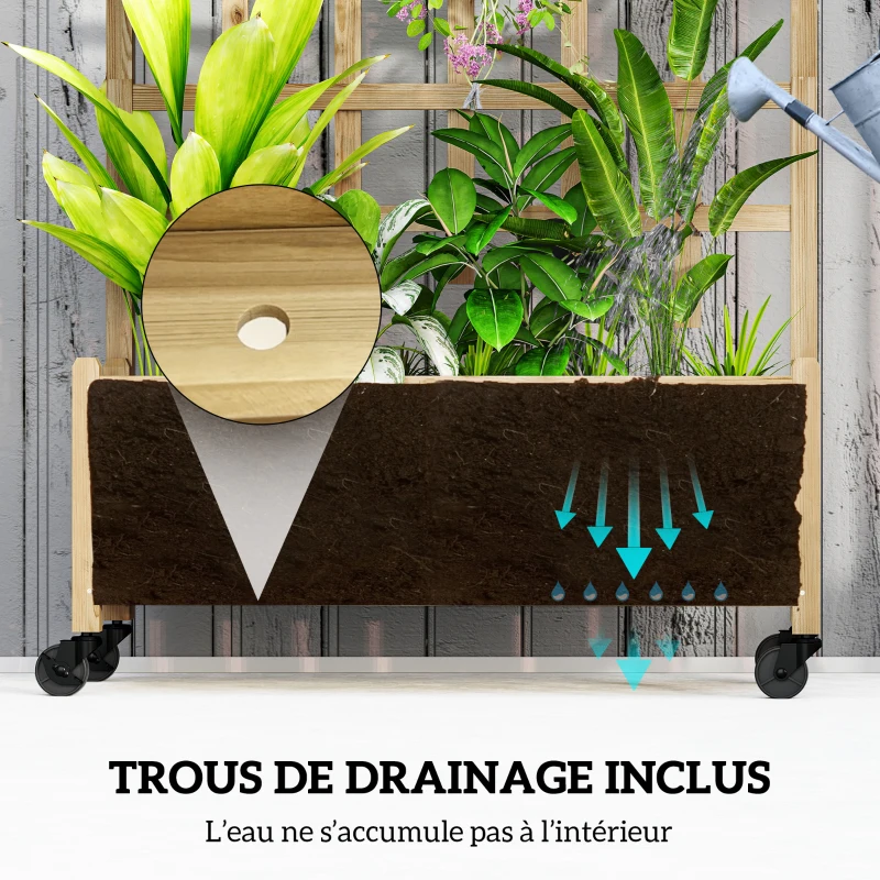 Outsunny Jardinière avec treillis, bac à fleurs avec roues, pour plantes grimpantes, bois massif, 82,5x35x186cm, bois naturel