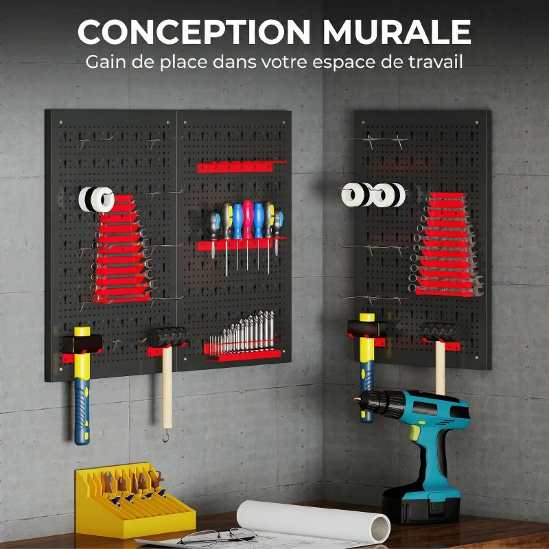 HOMCOM panneau perforé mural 600 x 400 mm, organiseur garage en acier avec 3 panneaux perforés, noir et rouge