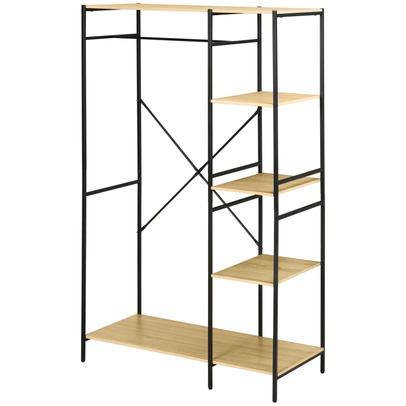 HOMCOM Perchero de Ropa Perchero de Madera con 4 Estantes de Almacenaje y Barra para Colgar Carga 30 kg para Dormitorio Salón Entrada 100x46x170,5 cm Natural