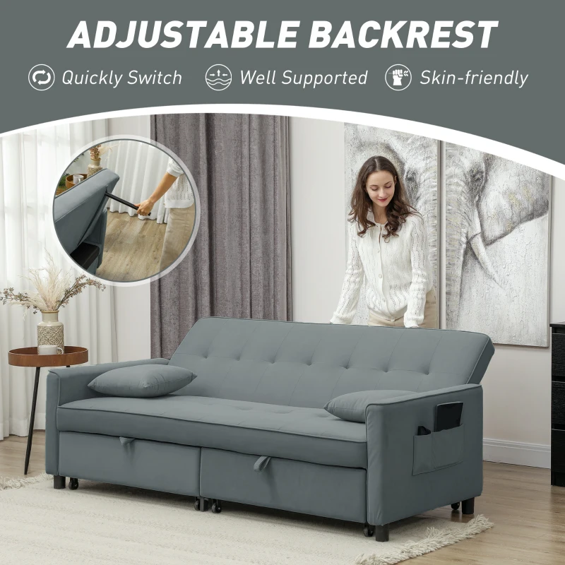 HOMCOM Three-Person Velvet-Feel Sofa Bed - Grey