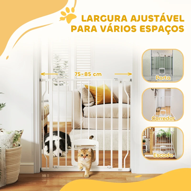 PawHut Barreira de Segurança Extensível para Cães 75-85 cm para Portas e Escadas com Portinhola Pequena Montagem por Pressão Duplo Bloqueio Branco